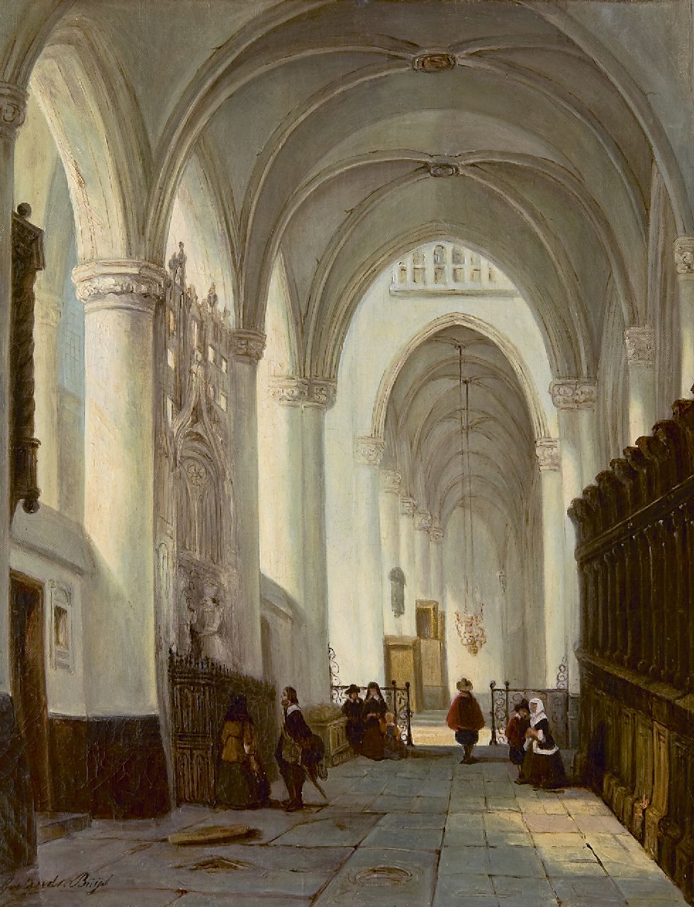 Buys G.M.  | Geertruida Maria Buys, Interieur van de Grote Kerk in Breda, met het grafmonument van Engelbert I van Nassau, olieverf op doek 40,9 x 32,9 cm, gesigneerd linksonder