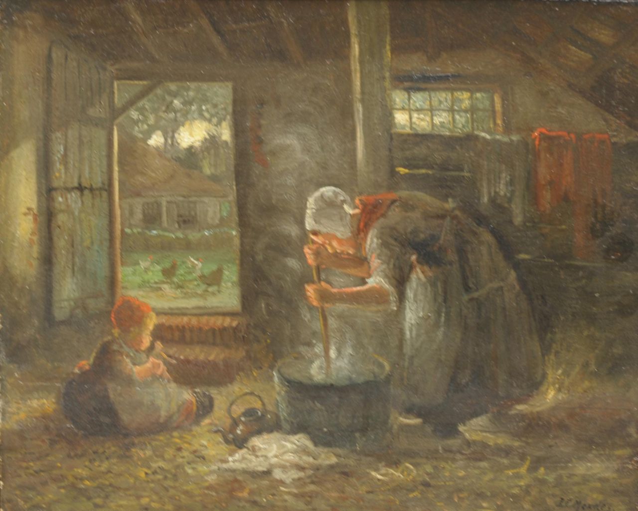 Mendes J.E.  | Jules Eduard Mendes, Vrouw roerend in pot, olieverf op paneel 33,6 x 41,5 cm, gesigneerd rechtsonder