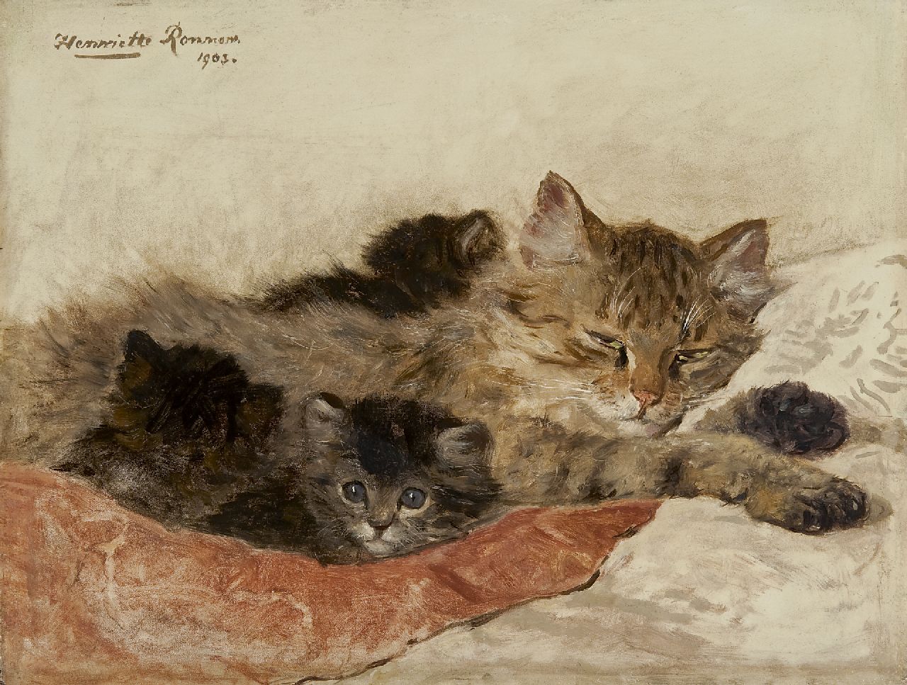 Ronner-Knip H.  | Henriette Ronner-Knip, Soezende moederpoes met kittens, olieverf op paneel 27,9 x 36,5 cm, gesigneerd linksboven en gedateerd 1903