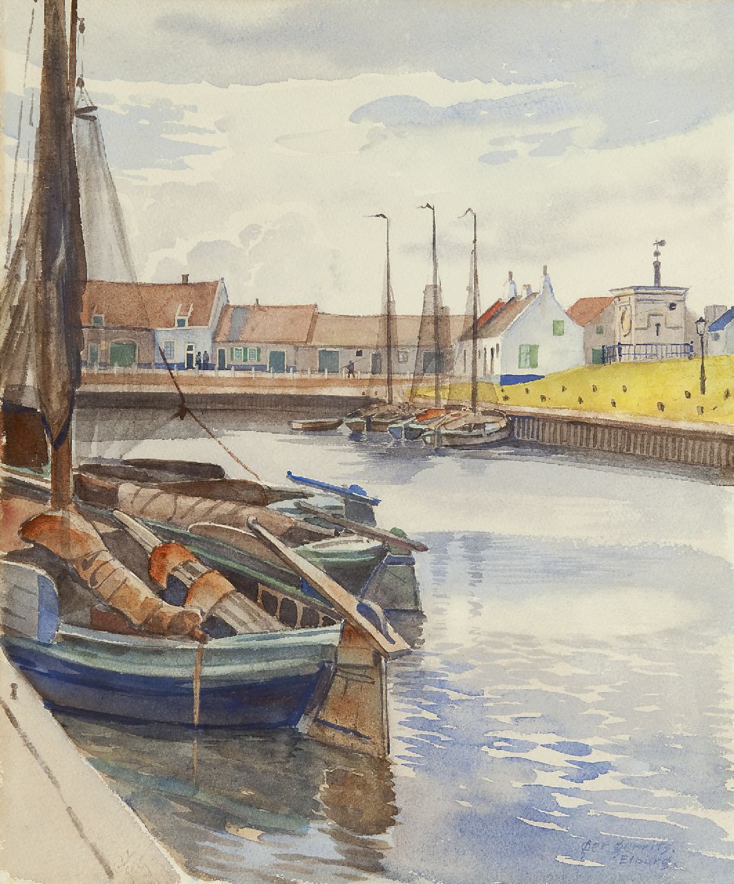 Ger Gerrits | De haven van Elburg, aquarel op papier, 37,7 x 30,9 cm, gesigneerd r.o. en te dateren ca. 1939