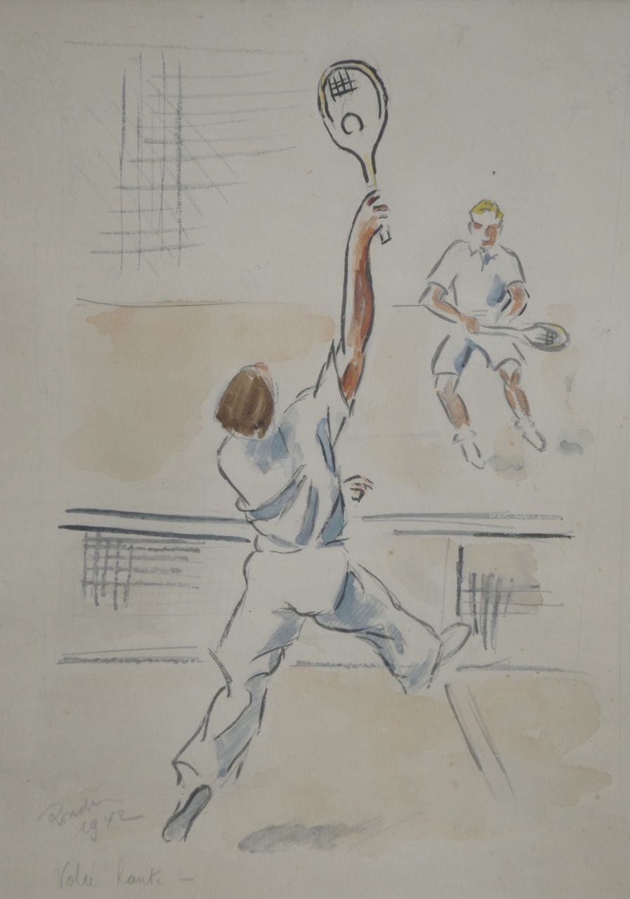 Franse School, 20e eeuw | Tennisspelers, gemengde techniek op papier, 27,5 x 19,5 cm, gesigneerd l.o. ('Ronde' vaag) en gedateerd 1942