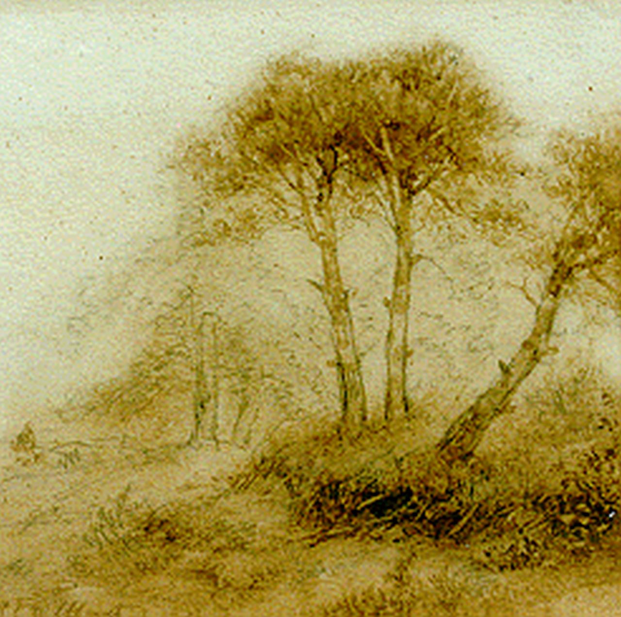 Schelfhout A.  | Andreas Schelfhout, Bospad met figuur, sepia op papier 16,3 x 16,7 cm, gesigneerd linksonder