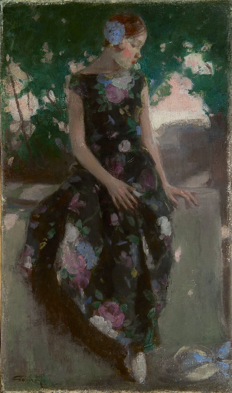 Gonin J.F.  | Jacques Fernan Gonin, Jonge vrouw zittend op een tuinmuur, olieverf op doek 66,1 x 39,3 cm, gesigneerd linksonder