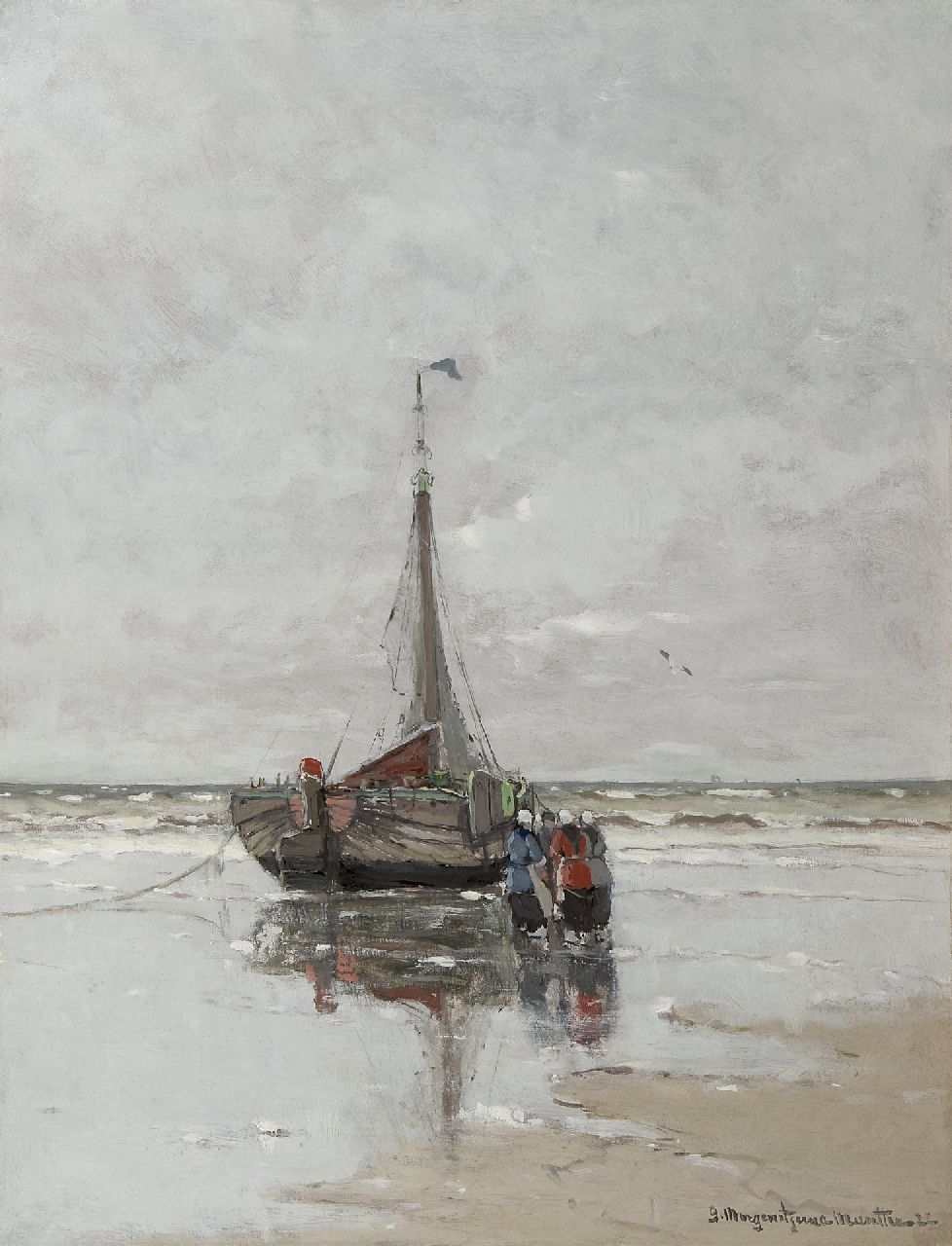 Munthe G.A.L.  | Gerhard Arij Ludwig 'Morgenstjerne' Munthe, Vissersvrouwen bij een bom op het strand, olieverf op doek 75,6 x 57,6 cm, gesigneerd rechtsonder en gedateerd '22