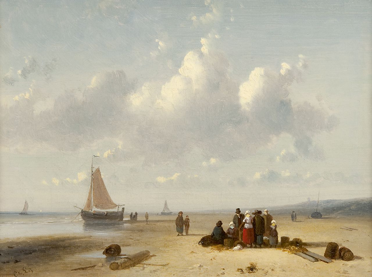 Leickert C.H.J.  | 'Charles' Henri Joseph Leickert, Visafslag op het strand, olieverf op doek 22,2 x 30,1 cm, gesigneerd met initialen linksonder