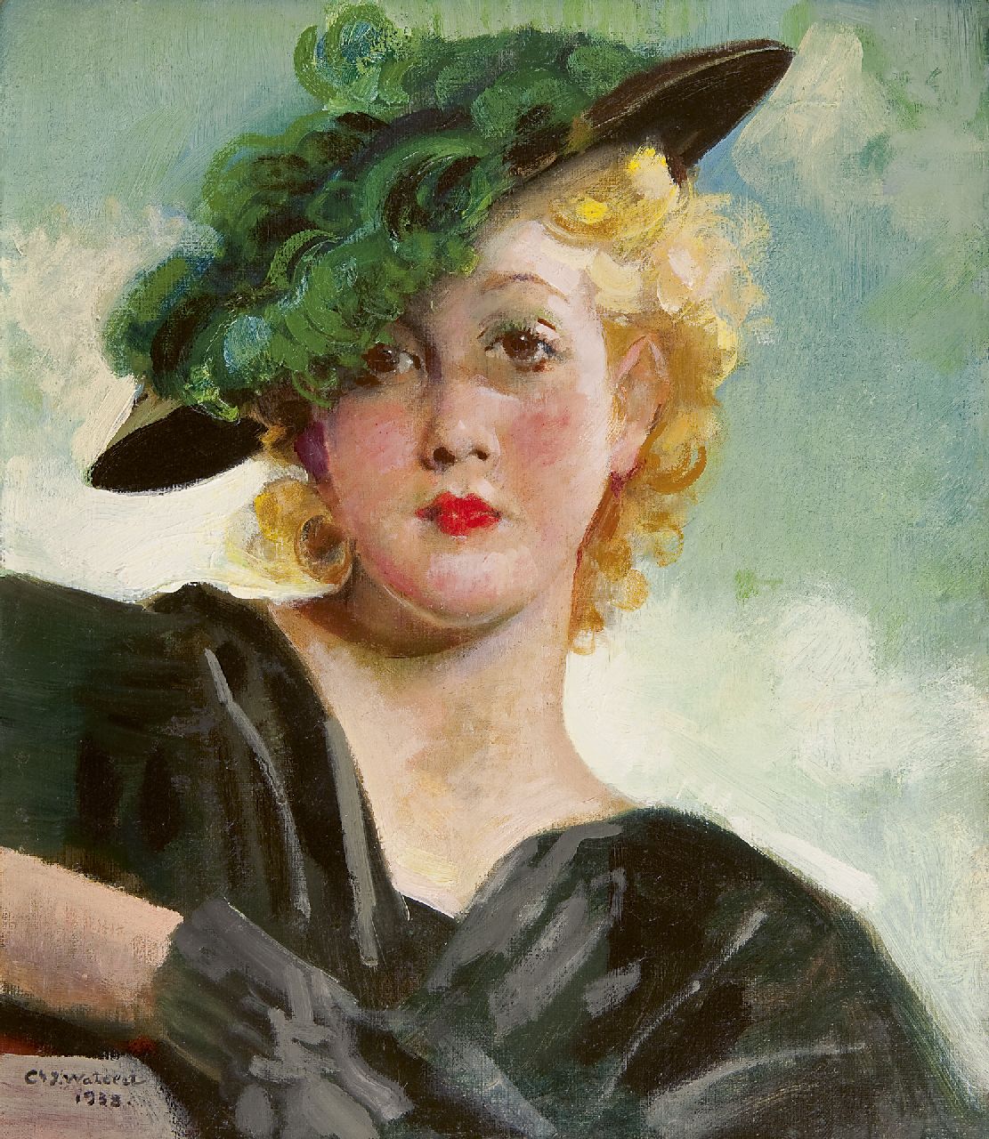 Watelet C.J.  | 'Charles' Joseph Watelet, Vrouw met groene hoed, olieverf op doek 40,1 x 34,9 cm, gesigneerd linksonder en gedateerd 1938