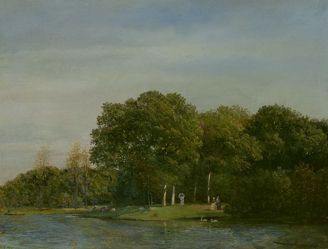 Sande Bakhuyzen J.J. van de | Julius Jacobus van de Sande Bakhuyzen | Schilderijen te koop aangeboden | Parklandschap met elegant gezelschap, olieverf op doek op paneel 26,7 x 35,0 cm, gesigneerd rechtsonder