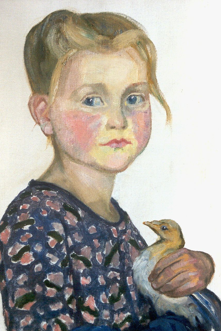 Onbekend   | Onbekend, Meisje met duif (i.o.), olieverf op schildersboard 40,0 x 30,0 cm, gesigneerd rechtsonder met monogram I.M.
