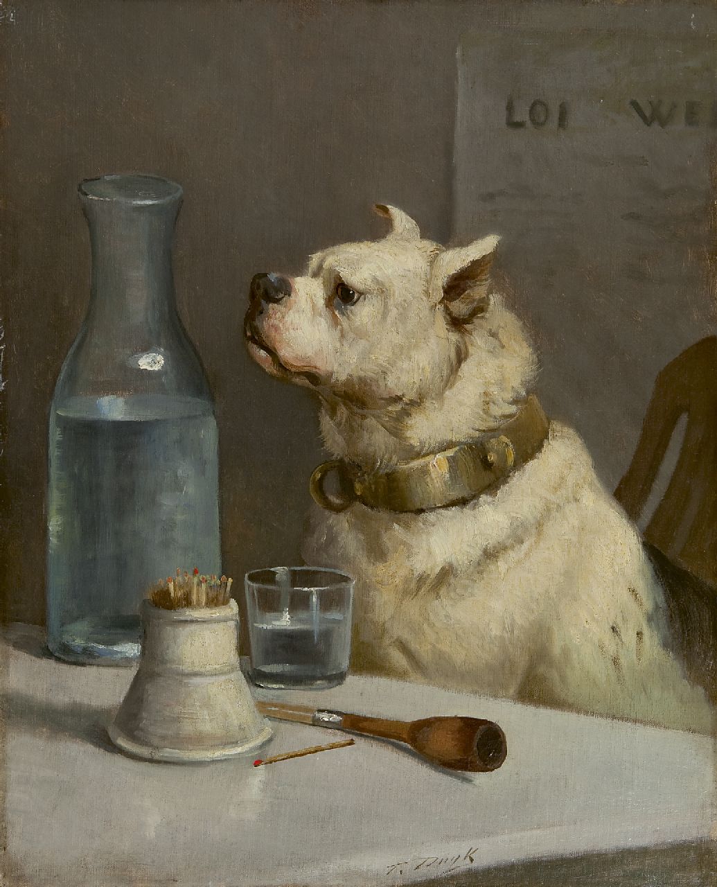 François Duyk | Hond met een neus voor drank, olieverf op doek, 50,1 x 40,1 cm, gesigneerd m.o.