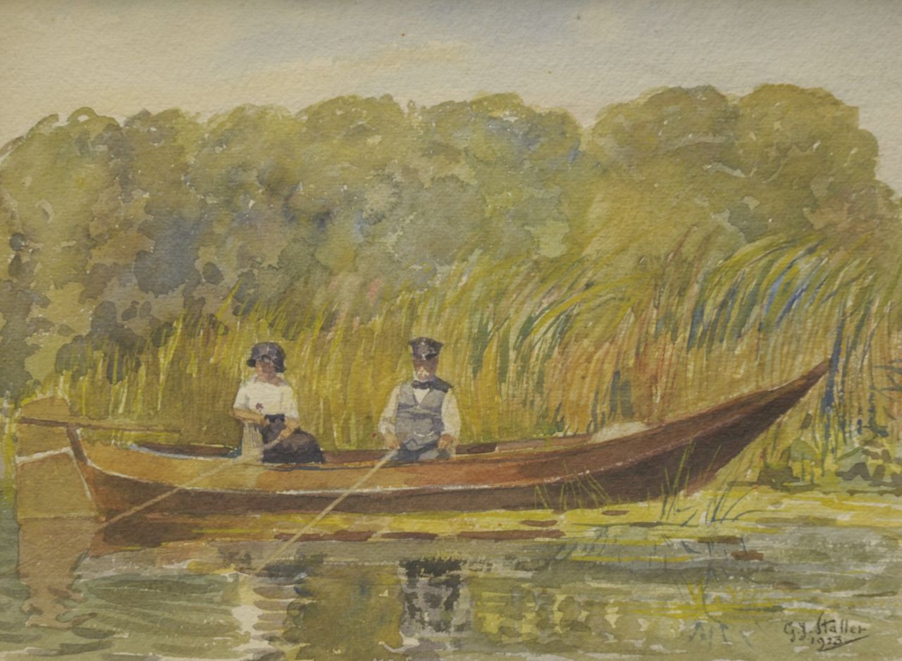 Staller G.J.  | Gerard Johan Staller, Vissend echtpaar in roeiboot, aquarel op papier 22,4 x 29,9 cm, gesigneerd rechtsonder en gedateerd 1923