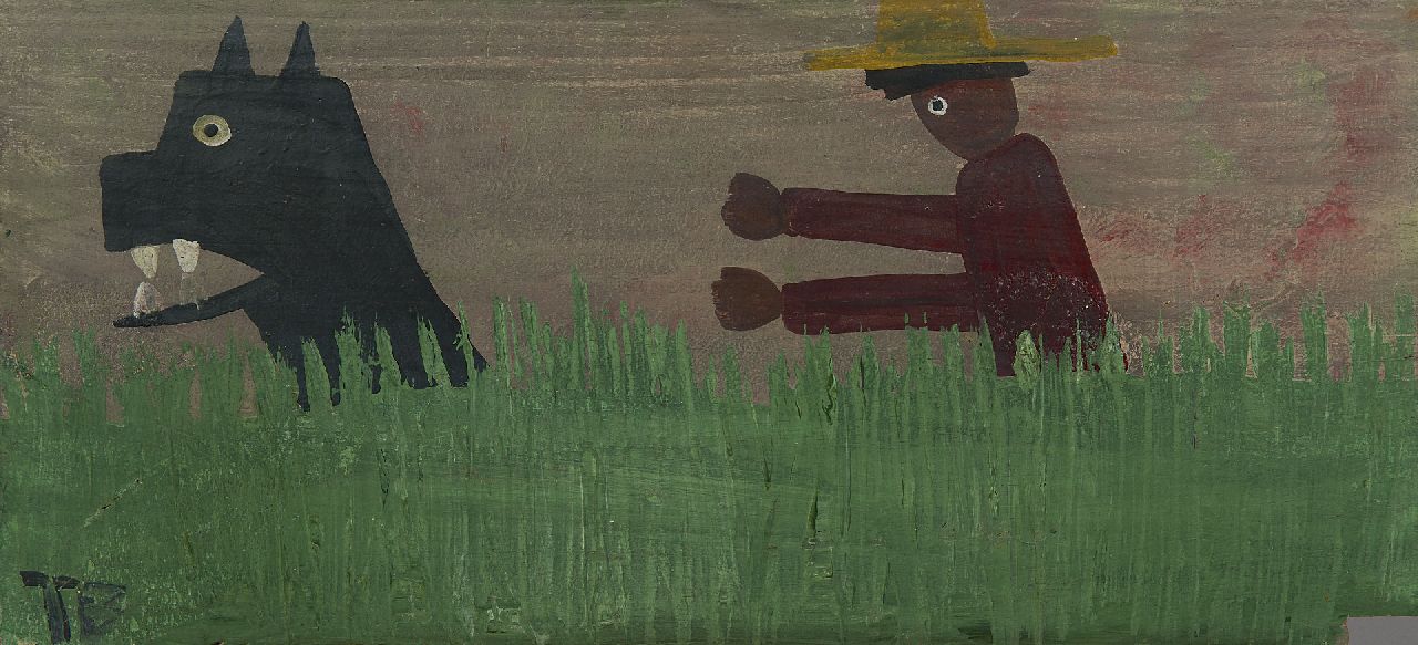 Tim Brown | Man and dog, olieverf op paneel, 28,4 x 61,1 cm, gesigneerd l.o. met initialen en te dateren 1960-1970