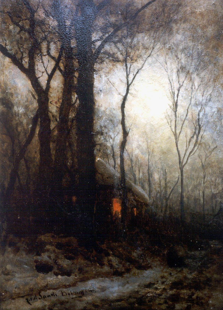 Sande Bakhuyzen J.J. van de | Julius Jacobus van de Sande Bakhuyzen, Winters bos met huisje, olieverf op doek op paneel 35,0 x 25,5 cm, gesigneerd linksonder