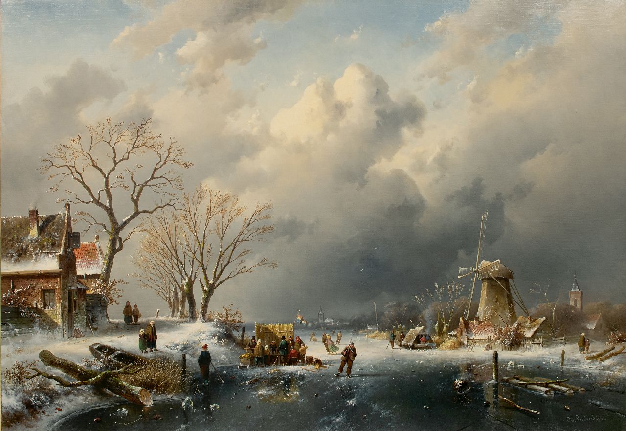 Leickert C.H.J.  | 'Charles' Henri Joseph Leickert, Hollandse winter met koek en zopie, olieverf op doek 98,0 x 141,0 cm, gesigneerd rechtsonder en gedateerd 1862