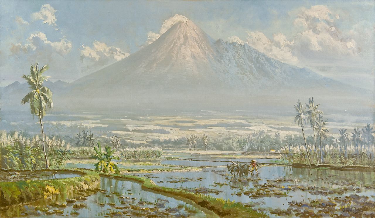 Abdullah R.B.  | Raden Basoeki Abdullah, Ploegende Javaanse boer met op de achtergrond de Merapi, olieverf op doek 75,0 x 130,0 cm, gesigneerd rechtsonder