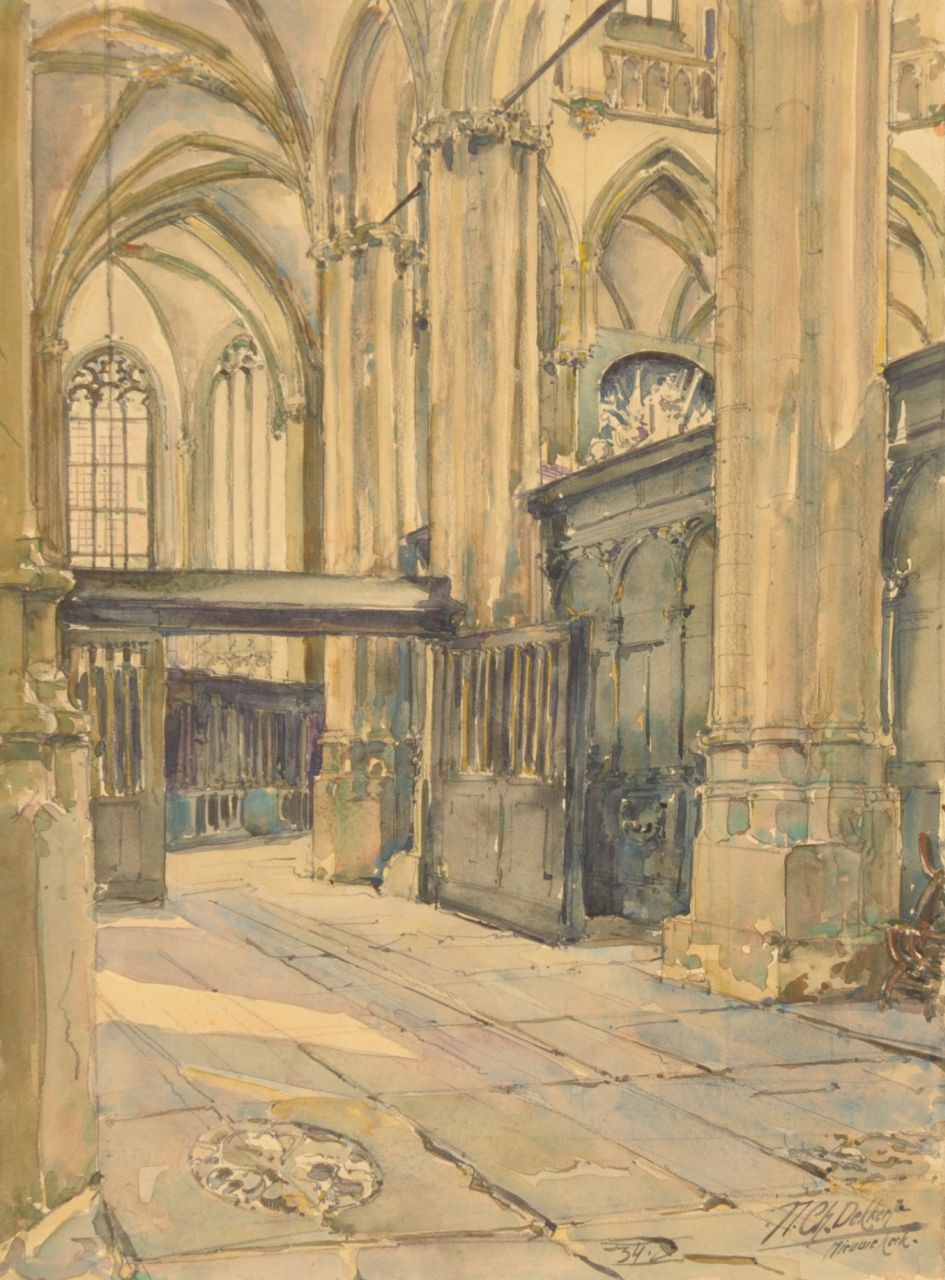 Dekker N.C.  | Nicolas Charles Dekker, De Nieuwe Kerk, Amsterdam, aquarel op papier 44,0 x 32,7 cm, gesigneerd rechtsonder en gedateerd '34