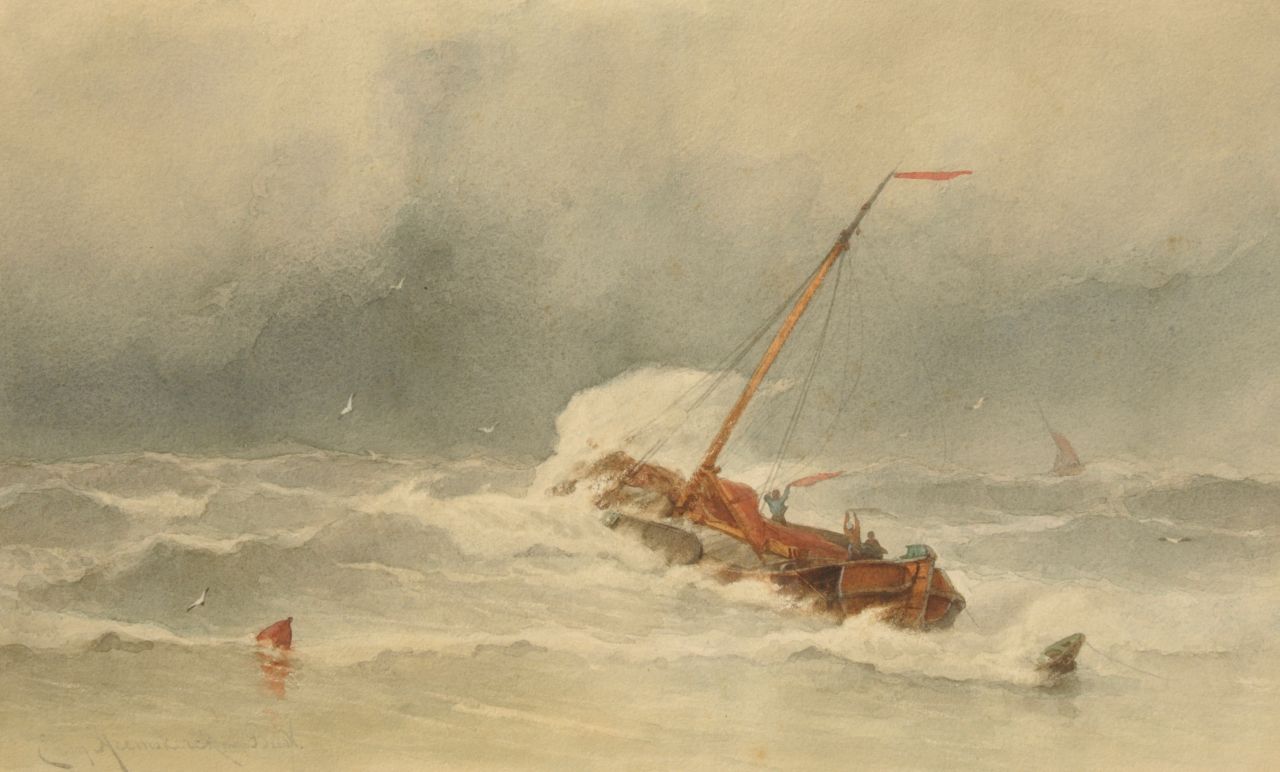 Heemskerck van Beest J.E. van | Jacob Eduard van Heemskerck van Beest, Zeilschip in wilde storm, aquarel op papier 35,9 x 59,6 cm, gesigneerd linksonder