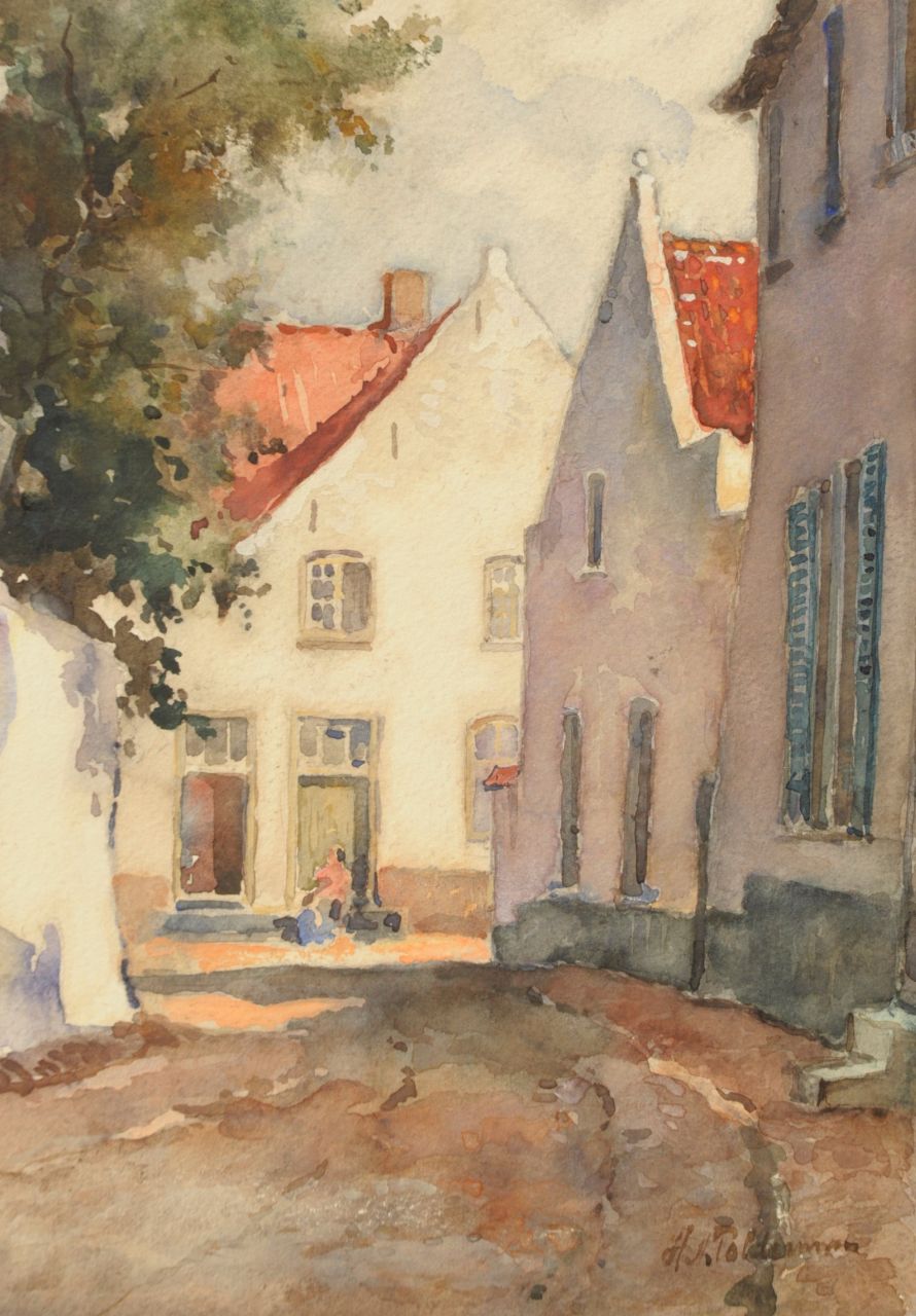 Polderman H.N.  | 'Hugo' Nicolaas Polderman, Zonnig straatje, aquarel op papier 26,5 x 19,4 cm, gesigneerd rechtsonder