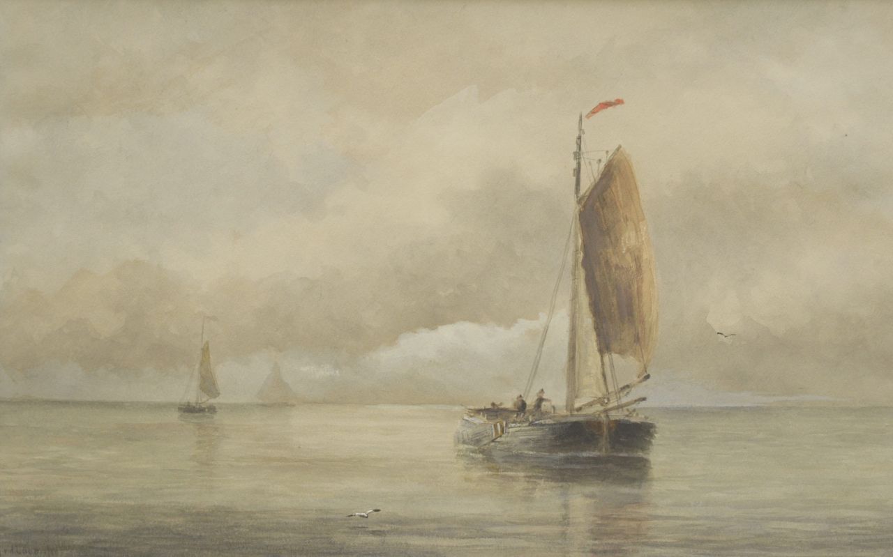 Laan G. van der | Gerard van der Laan, Bomschuit op kalme zee, aquarel op papier 31,2 x 49,6 cm, gesigneerd linksonder
