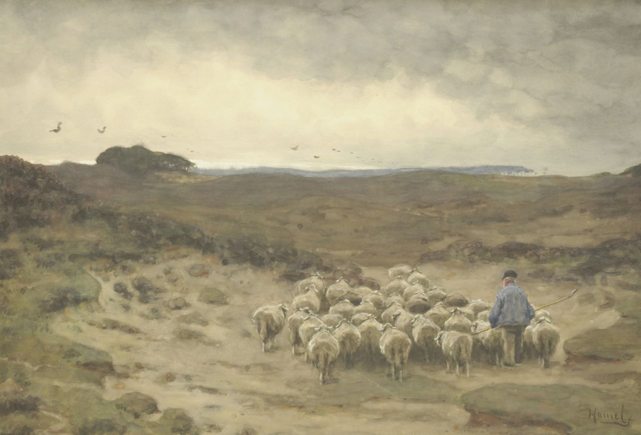 Hamel W.  | Willem Hamel, Schaapsherder met kudde, aquarel op papier 54,1 x 76,5 cm, gesigneerd rechtsonder