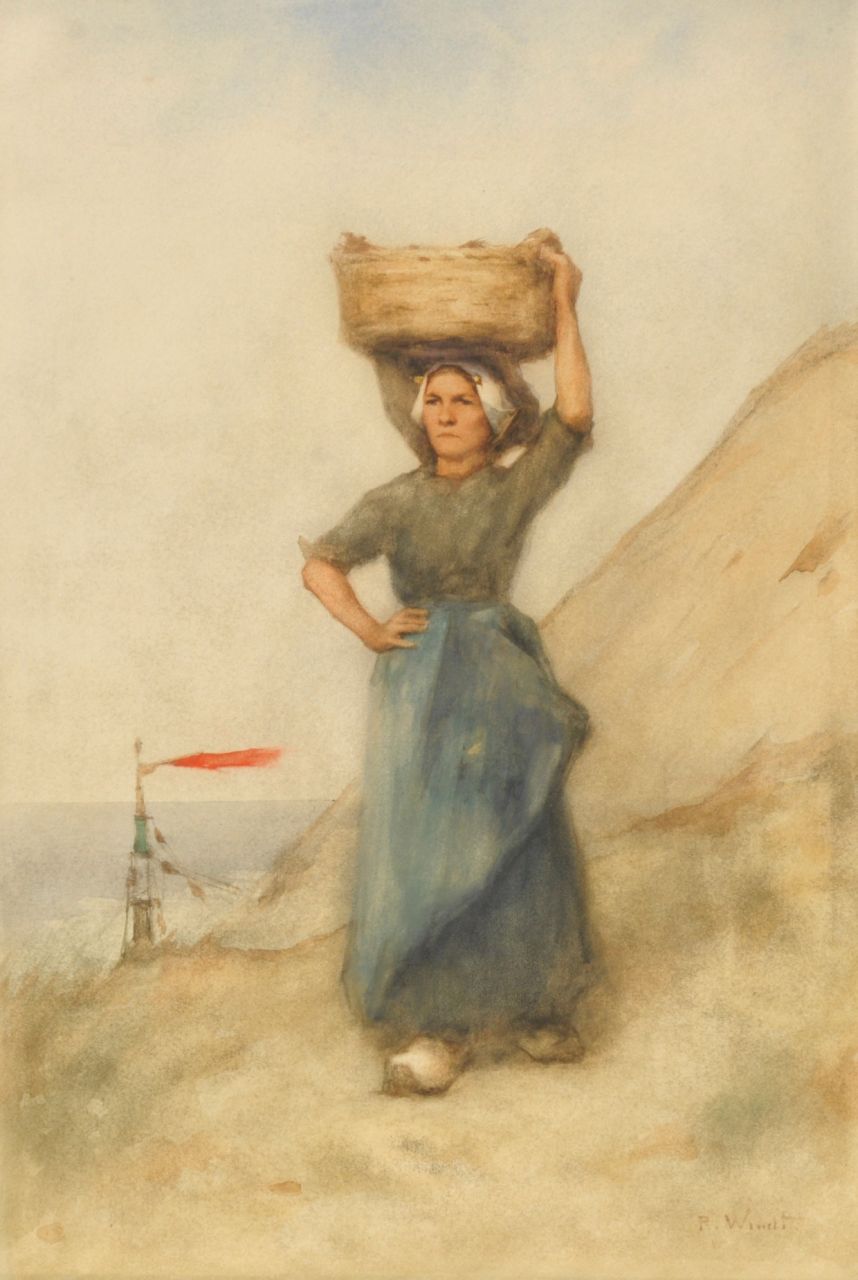 Philip Pieter Windt | Scheveningse vissersvrouw in de duinen, aquarel op papier, 56,0 x 38,8 cm, gesigneerd r.o.