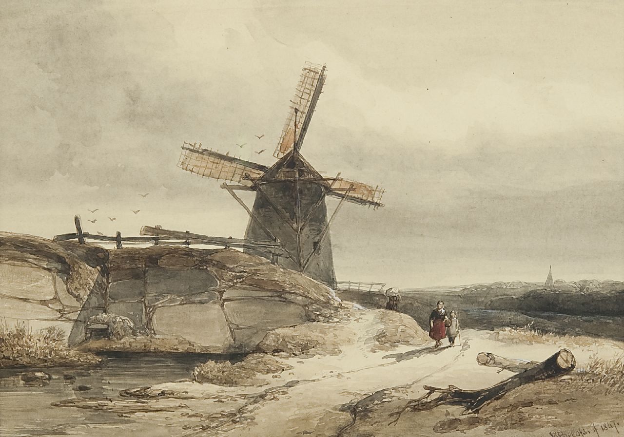 Roelofs W.  | Willem Roelofs, Molen in heuvelachtig landschap, inkt en aquarel op papier 19,9 x 28,0 cm, gesigneerd rechtsonder en gedateerd 1847