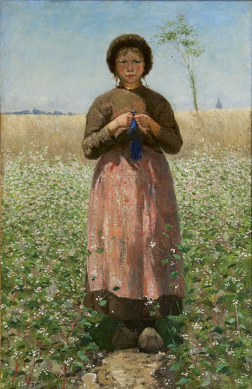 David de la Mar | Breiend meisje in bloeiende boekweitakker, olieverf op doek, 54,2 x 35,0 cm, gesigneerd l.o. en gedateerd 1886