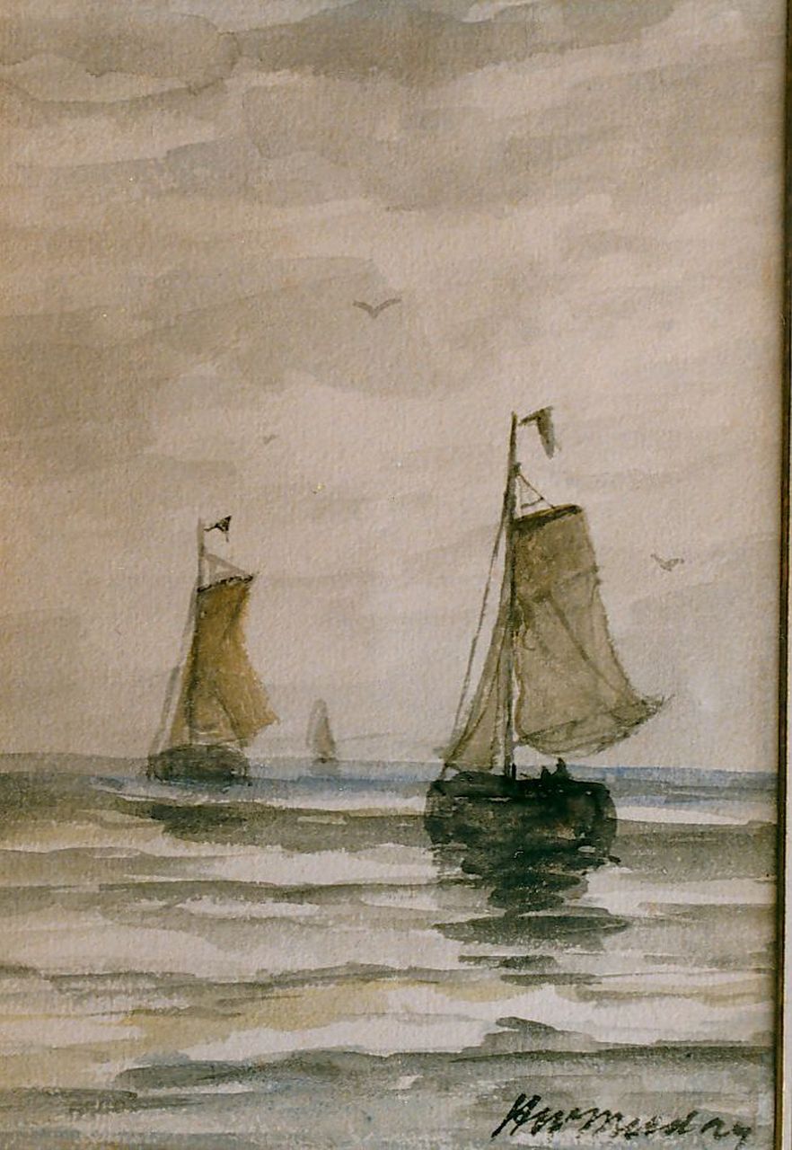 Mesdag H.W.  | Hendrik Willem Mesdag, Bomschuiten op stille zee, aquarel op papier 20,5 x 15,0 cm, gesigneerd rechtsonder