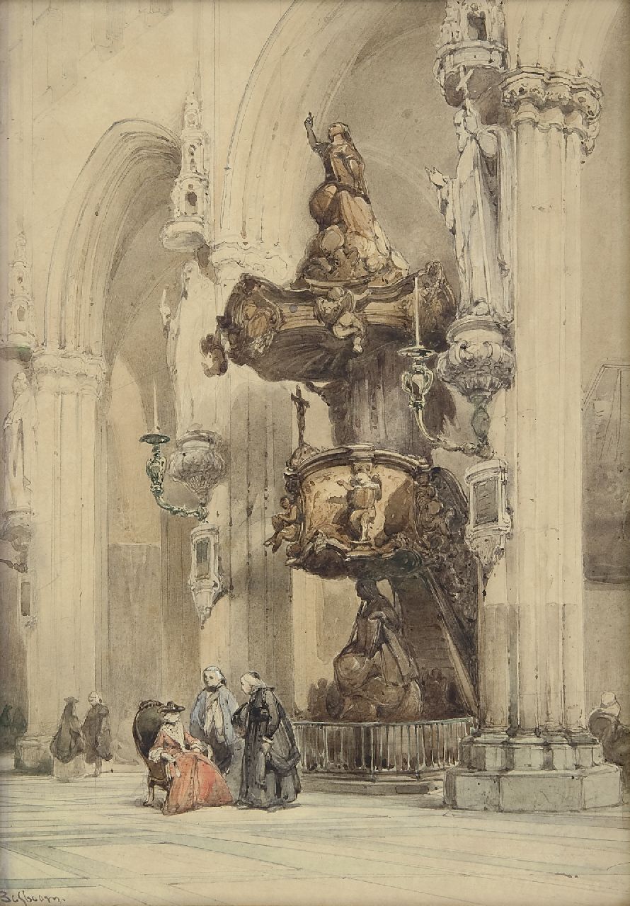 Bosboom J.  | Johannes Bosboom, Preekstoel in de Onze Lieve Vrouwekerk, Brugge, aquarel op papier 38,1 x 27,4 cm, gesigneerd linksonder