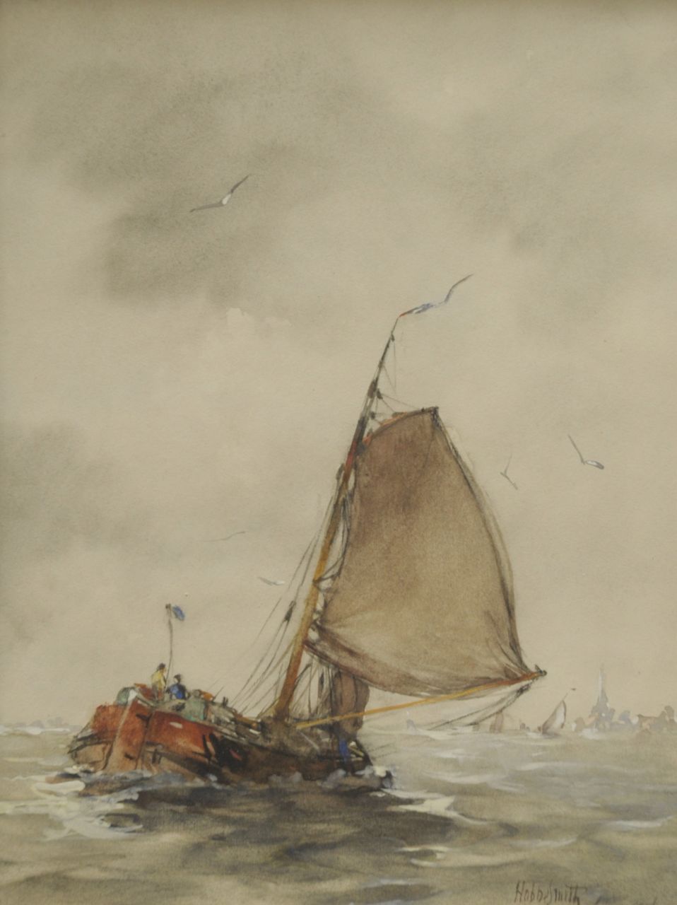 Smith H.  | Hobbe Smith, Zeilende tjalk op de Zuiderzee, aquarel en gouache op papier 30,1 x 22,9 cm, gesigneerd rechtsonder en gedateerd 1916