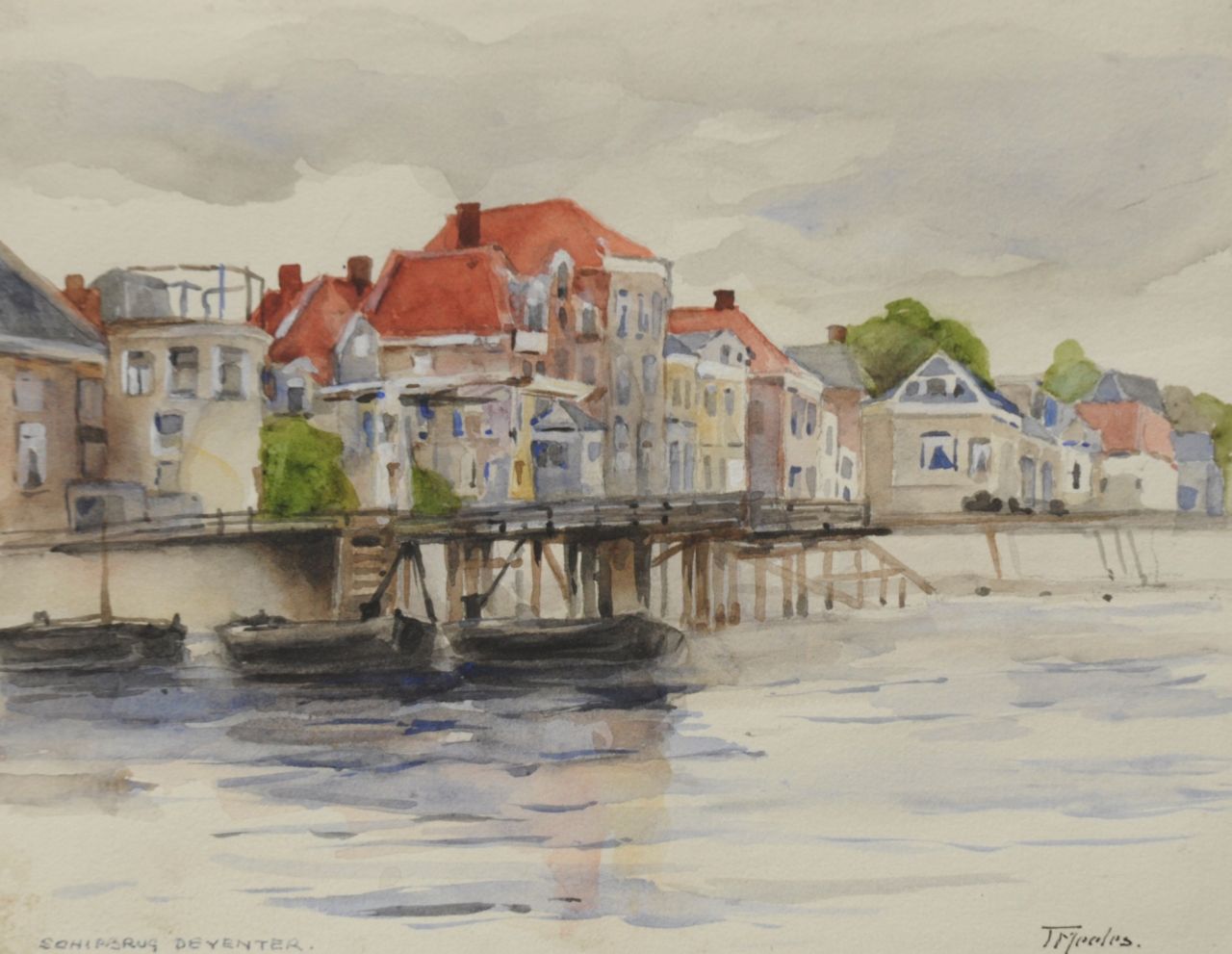 T.F.C. Meeles | Gezicht op Deventer met de Schipbrug over de IJssel, inkt en aquarel op papier, 17,6 x 22,7 cm, gesigneerd r.o.