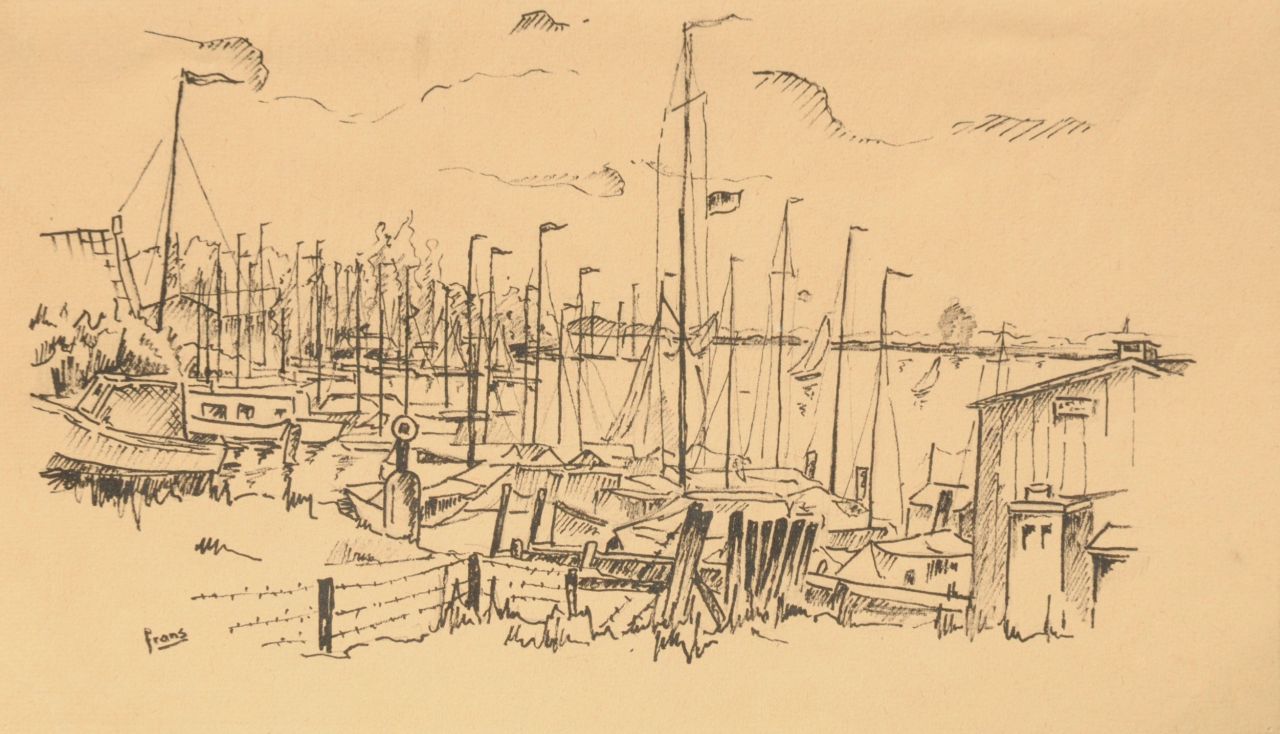 Letanche F.  | Frans Letanche, Jachthavenscene, pen en inkt op papier 17,8 x 30,7 cm, gesigneerd linksonder en verso