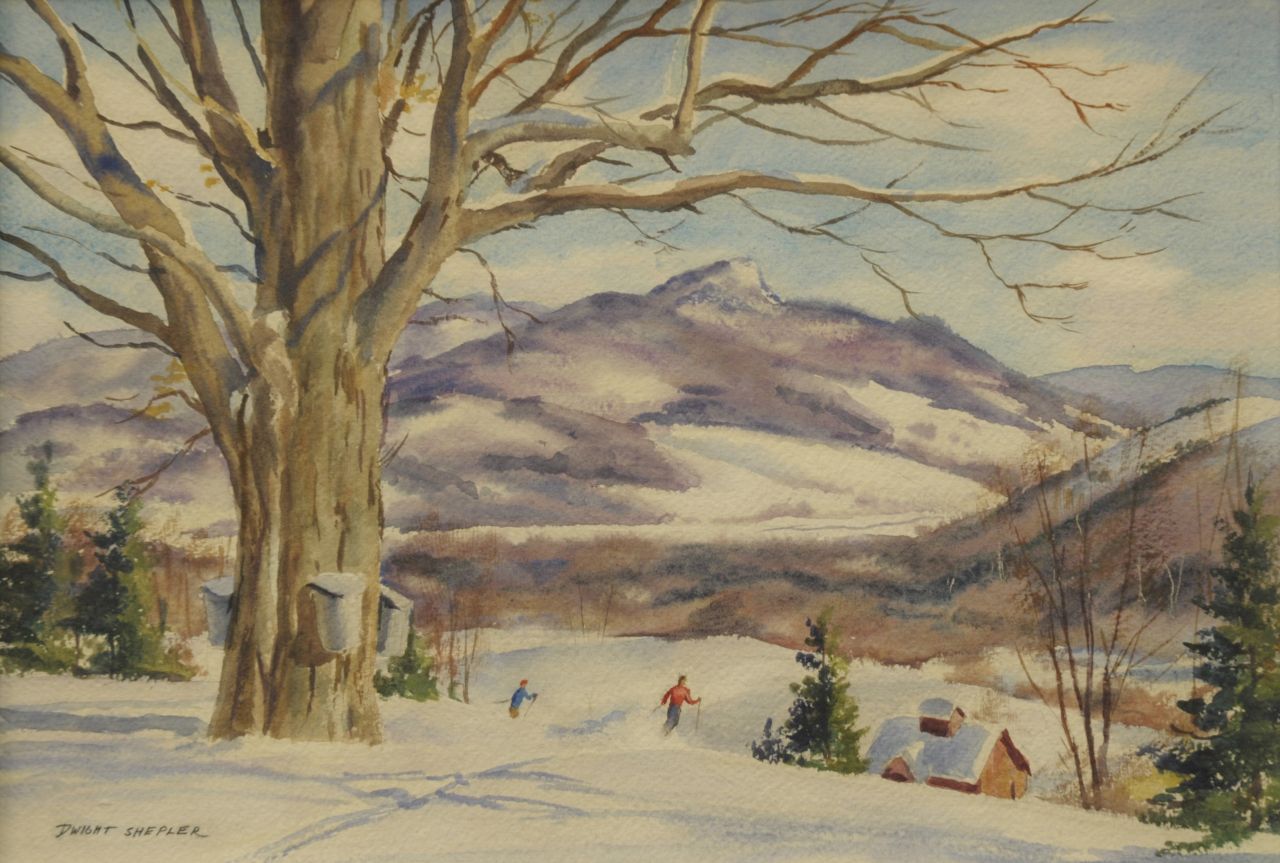 Shepler D.C.  | Dwight Clark Shepler, Skiën in maart, Vermont, aquarel op papier 27,5 x 39,0 cm, gesigneerd linksonder