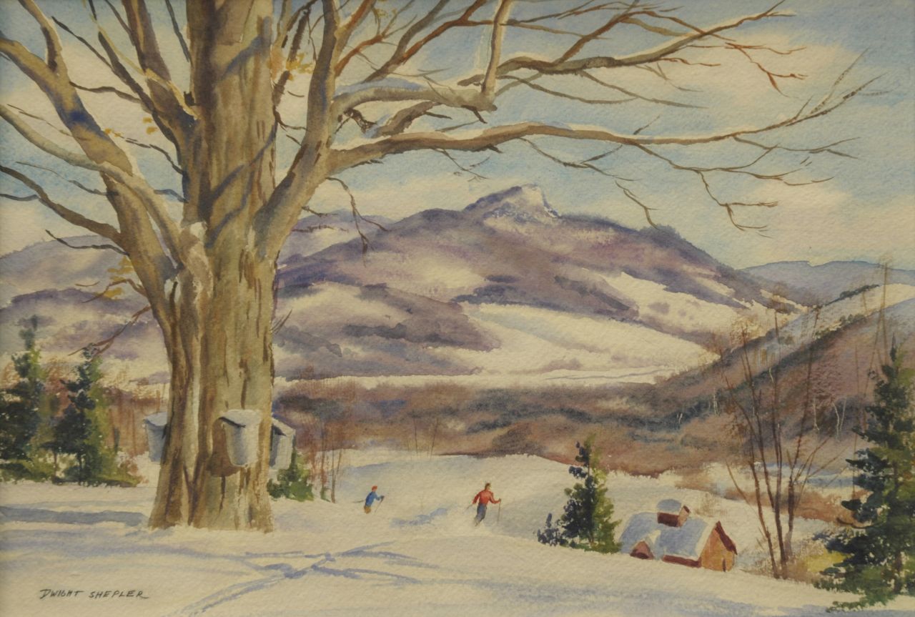 Shepler D.C. | Dwight Clark Shepler, Skiën in maart, Vermont, aquarel op papier 27,5 x 39,0 cm, gesigneerd linksonder Shepler D.C. | Dwight Clark Shepler, Skiën in maart, Vermont, aquarel op papier 27,5 x 39,0 cm, gesigneerd linksonder