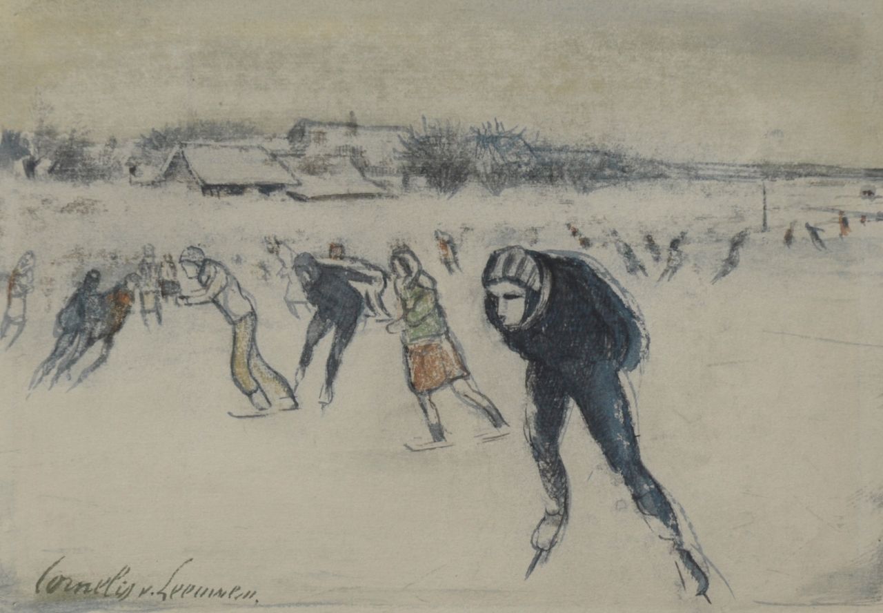 Leeuwen C.G. van | Cornelis Gerrit van Leeuwen, Schaatsers, krijt, inkt en aquarel op papier 14,3 x 20,1 cm, gesigneerd linksonder