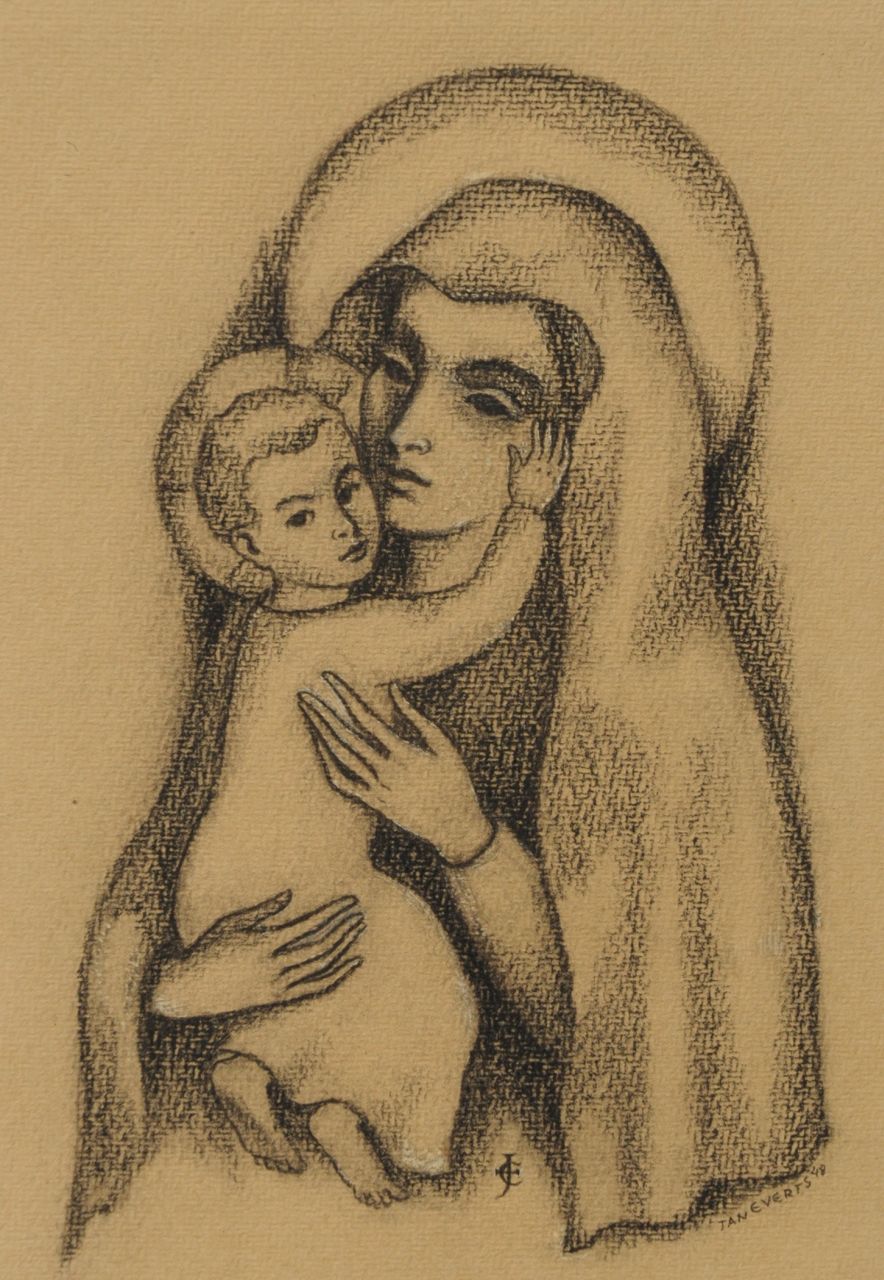 Jan Everts | Madonna met kind, zwart krijt op papier, 28,2 x 20,7 cm, gesigneerd m.o. met monogram en r.o. voluit en gedateerd '48