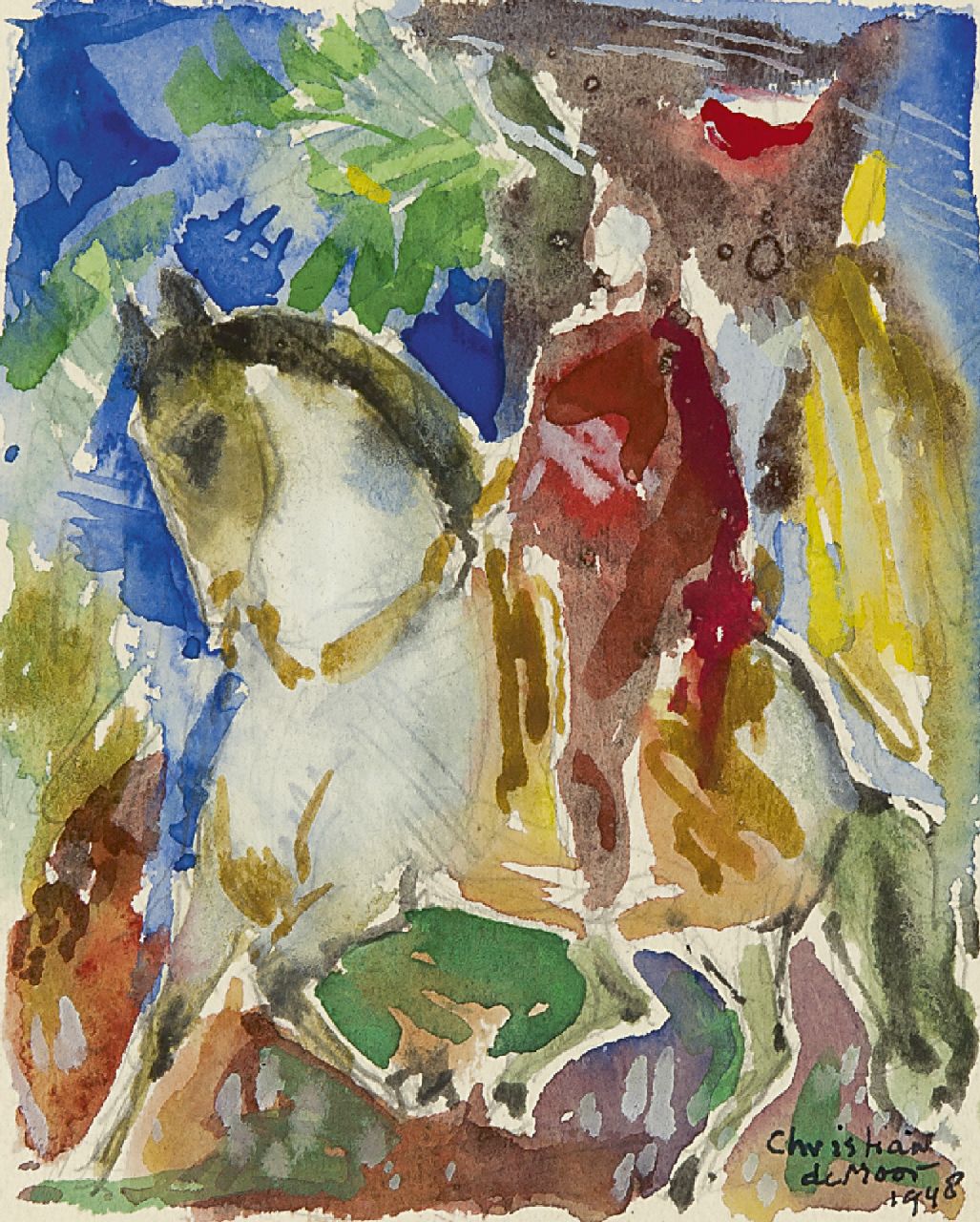 Moor C.N.E. de | Christiaan Nicolaas Everard 'Chris' de Moor, Ruiter te paard, aquarel op papier 14,0 x 11,3 cm, gesigneerd rechtsonder en gedateerd 1948