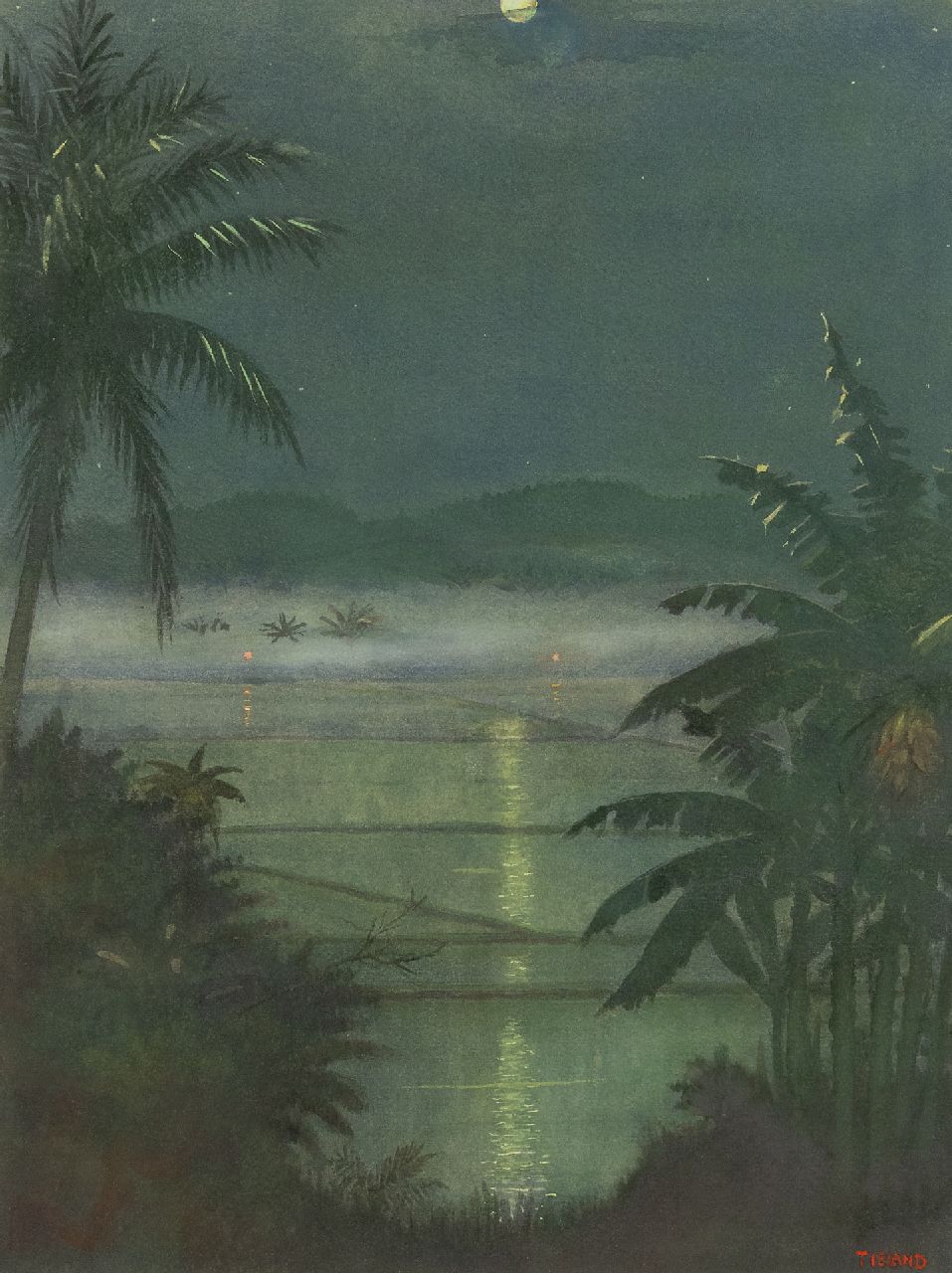 Henri Tieland | Maanavond in de Preanger, Java, aquarel op papier, 48,0 x 36,4 cm, gesigneerd r.o.