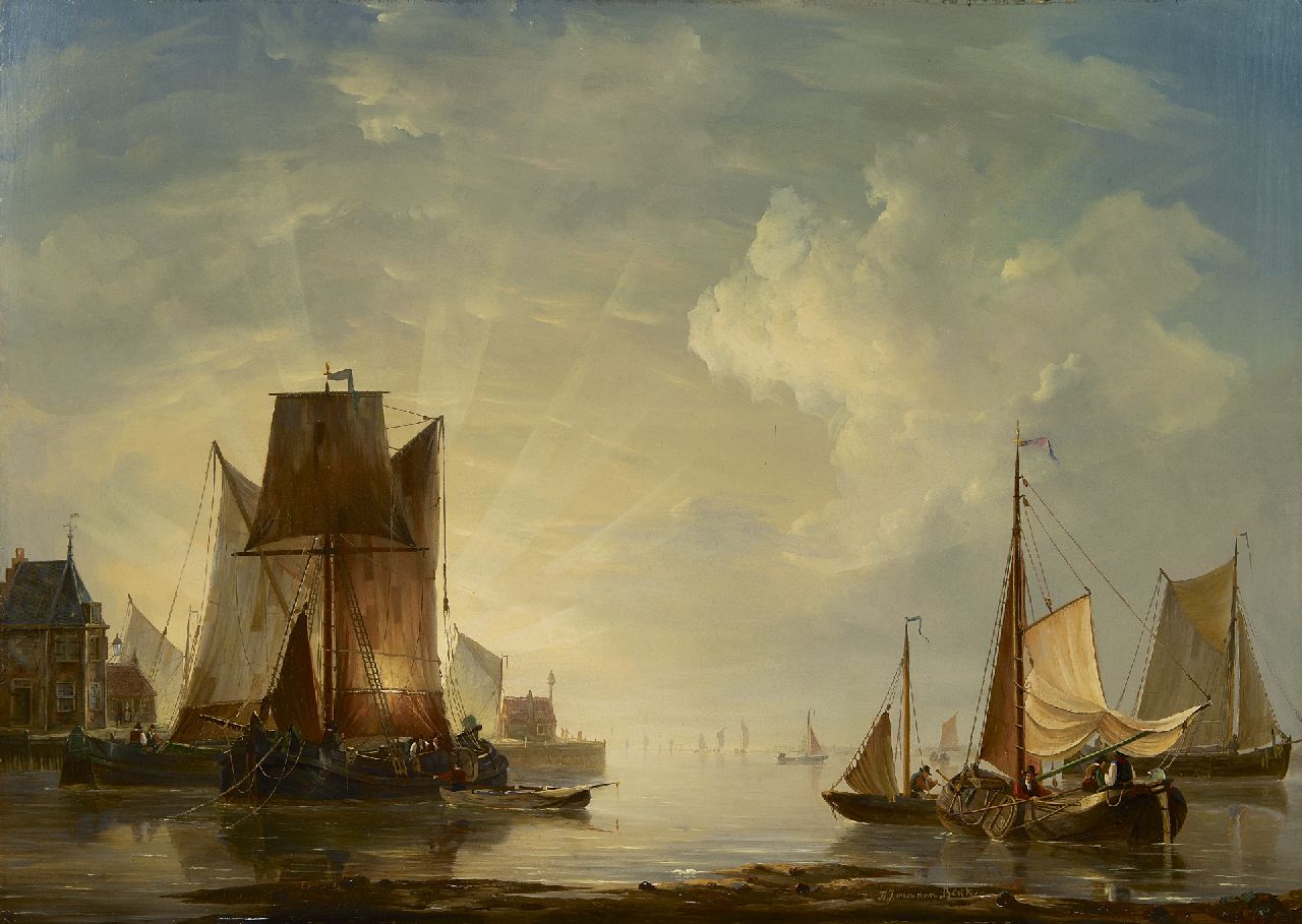 Blijk F.J. van den | Frans Jacobus van den Blijk, Zonsondergang in de haven, olieverf op paneel 58,9 x 83,2 cm, gesigneerd middenonder