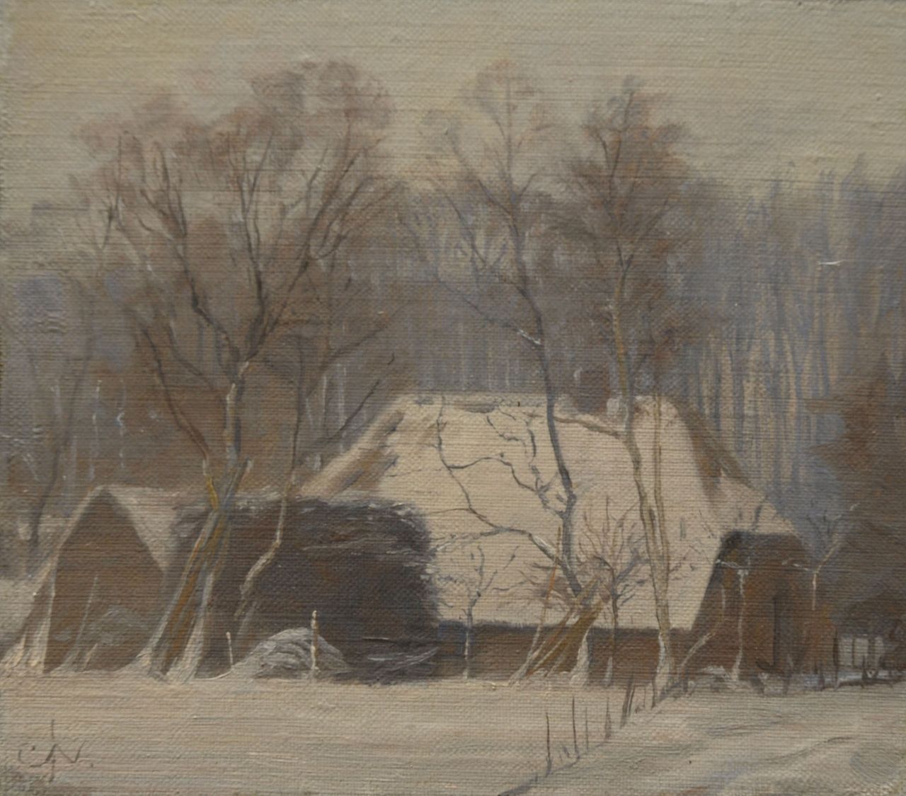 Nachenius J.C.  | Jan Coenraad Nachenius, Winterse boerderij bij Bennekom, olieverf op doek op paneel 16,8 x 19,0 cm, gesigneerd linksonder met monogram