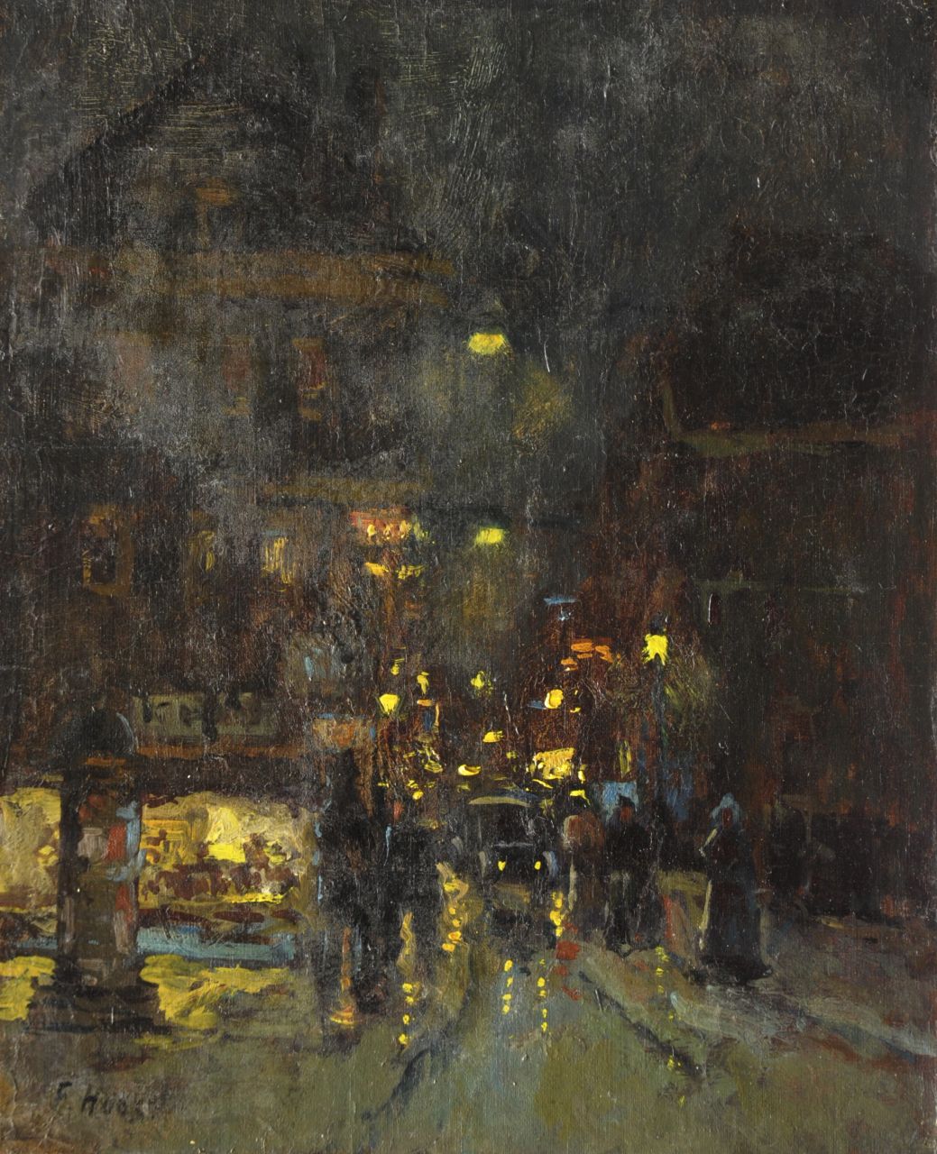 Hoos F.S.  | 'Frans' Simon Hoos, Stadsgezicht bij avond, olieverf op doek op paneel 30,0 x 24,4 cm, gesigneerd linksonder