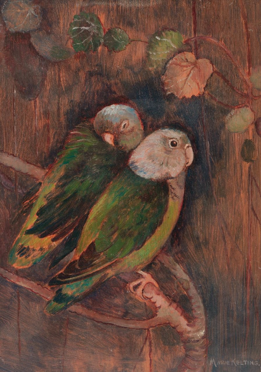 Marie Kelting | Twee groene parkieten, olieverf op board, 23,1 x 16,6 cm, gesigneerd r.o.