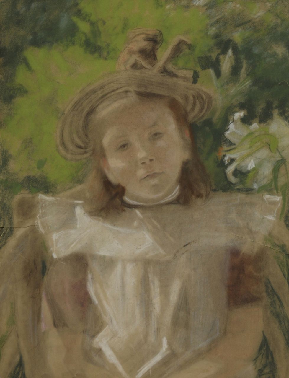 Heineken M. | Marie Heineken | Aquarellen en tekeningen te koop aangeboden | Portret van een meisje in een tuin, aquarel op papier 62,7 x 47,7 cm Heineken M. | Marie Heineken | Aquarellen en tekeningen te koop aangeboden | Portret van een meisje in een tuin, aquarel op papier 62,7 x 47,7 cm