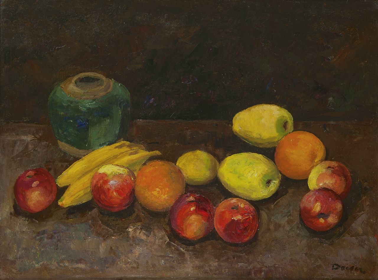 Doeser J.J.  | 'Jacobus' Johannes Doeser | Schilderijen te koop aangeboden | Stilleven met fruit en gemberpot, olieverf op doek 60,8 x 80,5 cm, gesigneerd rechtsonder