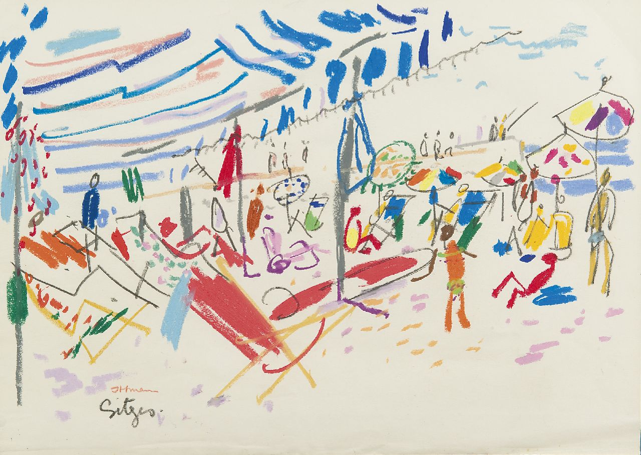 Ittmann H.  | Hans Ittmann, Figuren op het strand van Sitges, pastel op papier 29,9 x 41,2 cm, gesigneerd linksonder