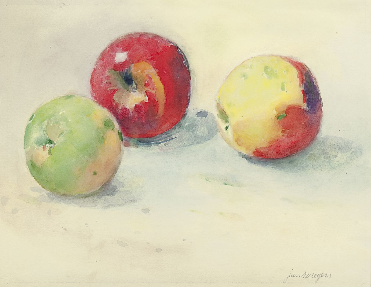 Wiegers J.  | Jan Wiegers, Stilleven met appels, aquarel op papier 21,8 x 27,5 cm, gesigneerd rechtsonder
