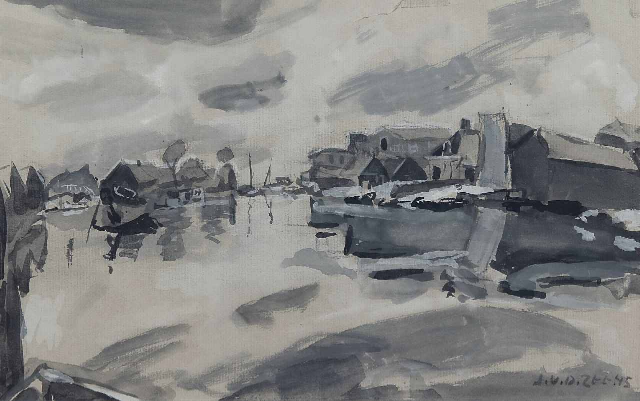 Zee J. van der | Jan van der Zee, Haven in de winter, zwart krijt en aquarel op papier 32,5 x 51,4 cm, gesigneerd rechtsonder en gedateerd '45 Zee J. van der | Jan van der Zee, Haven in de winter, zwart krijt en aquarel op papier 32,5 x 51,4 cm, gesigneerd rechtsonder en gedateerd '45