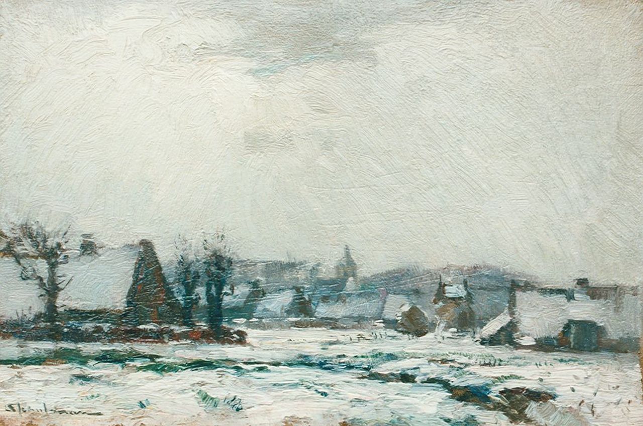 Schulman D.  | David Schulman, Huizen in winters landschap, 18,5 x 26,8 cm, gesigneerd linksonder