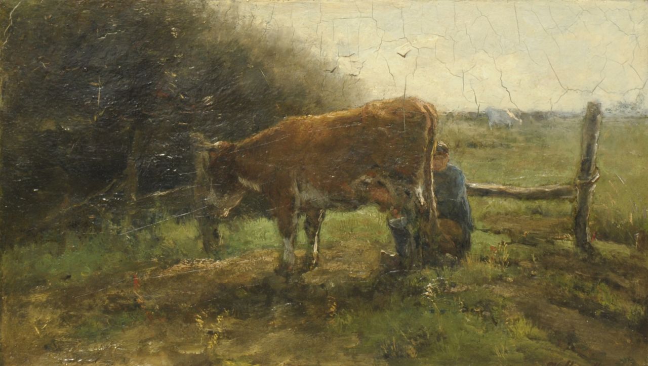 Maris W.  | Willem Maris, Melkende boer, olieverf op doek 25,3 x 43,4 cm, gesigneerd rechtsonder