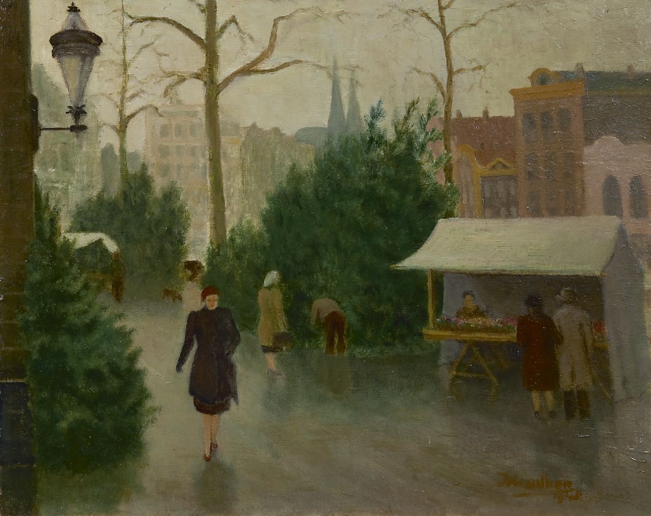 Houillier J.J.  | Jan Jacob Houillier, Kerstmarkt op het Singel, Amsterdam, olieverf op board 40,3 x 50,4 cm, gesigneerd rechtsonder en gedateerd 1948