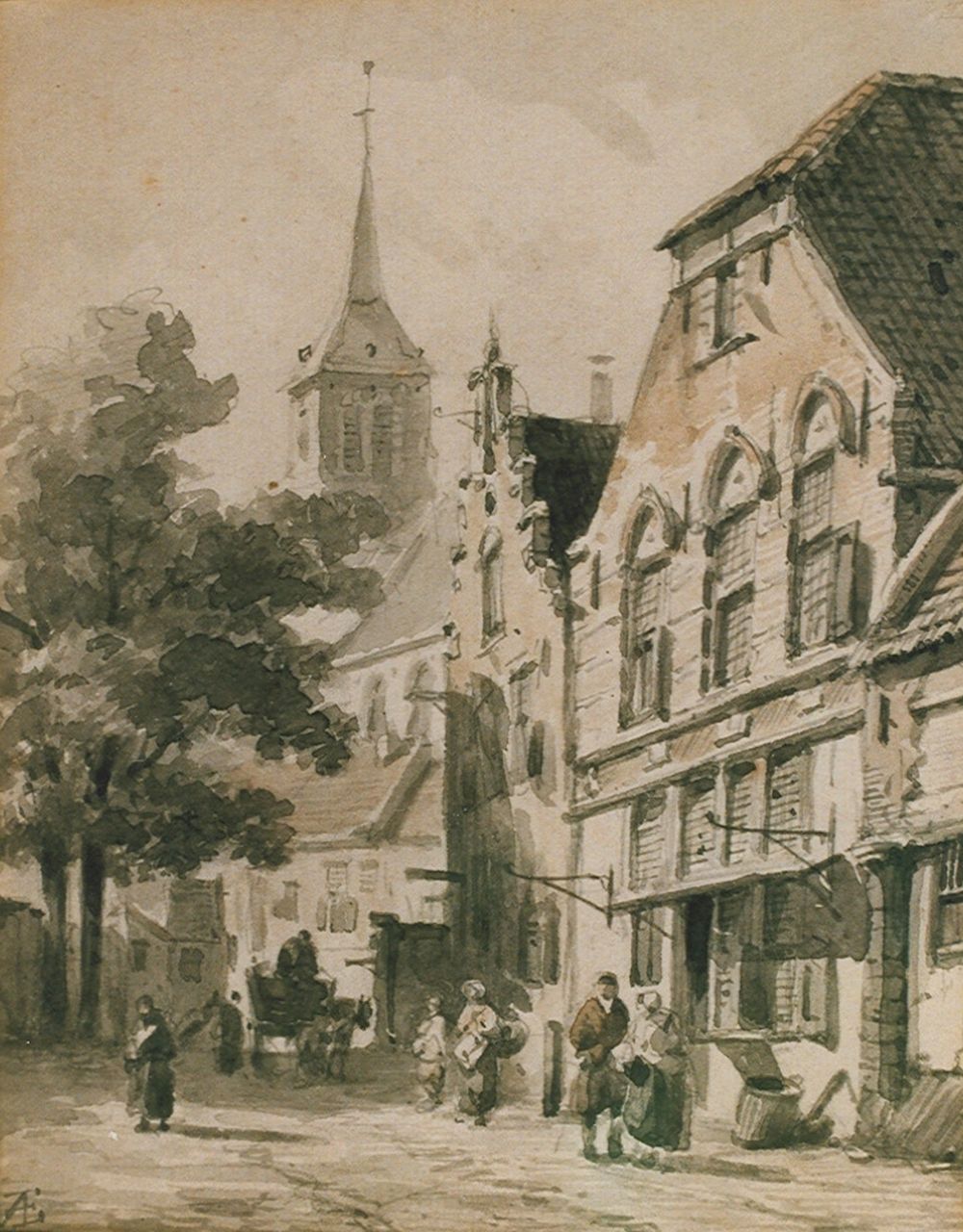Eversen A.  | Adrianus Eversen, Straatje met wandelaars en paard, sepia op papier 18,5 x 14,5 cm, gesigneerd linksonder mon